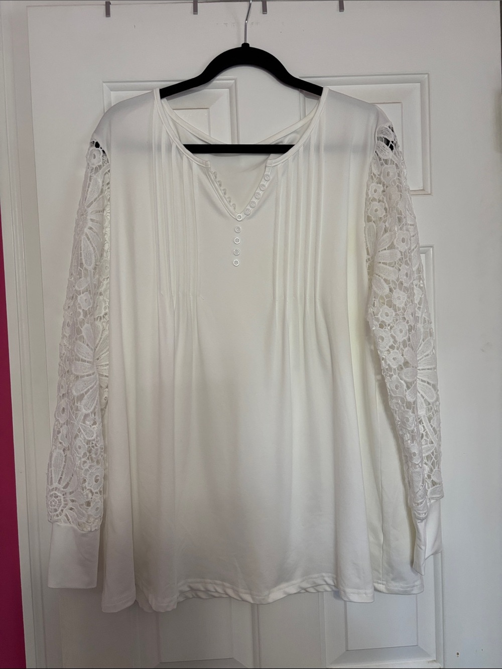 White Lace-Sleeve V-Neck Blouse with buttons NWOT